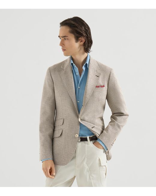 Brunello Cucinelli Brown Wool-Silk Houndstooth Deconstructed Cavallo Blazer for men