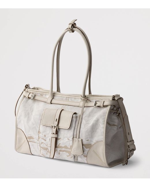 Prada Gray Large Leather And Printed Linen Bonnie Top-Handle Bag