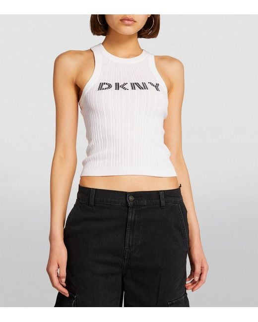 DKNY White Ribbed Logo Tank Top