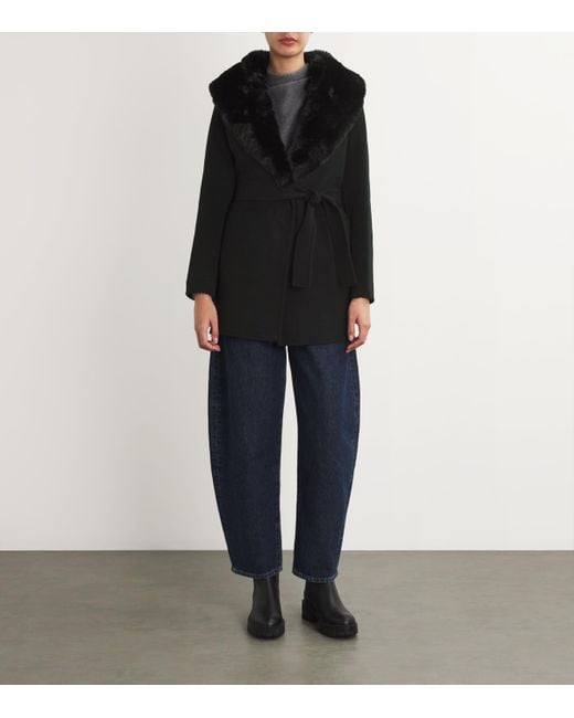 Maje Black Wool-Blend Faux Fur-Collar Coat