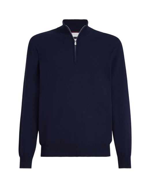 Brunello Cucinelli Blue Cashmere Quarter-Zip Sweater for men