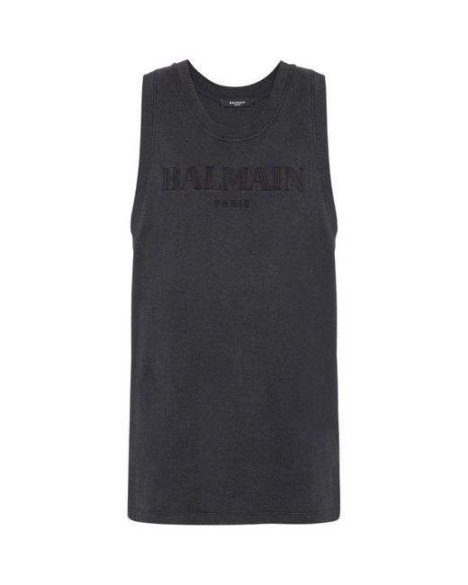 Balmain Black Logo Embroidered Tank Top for men