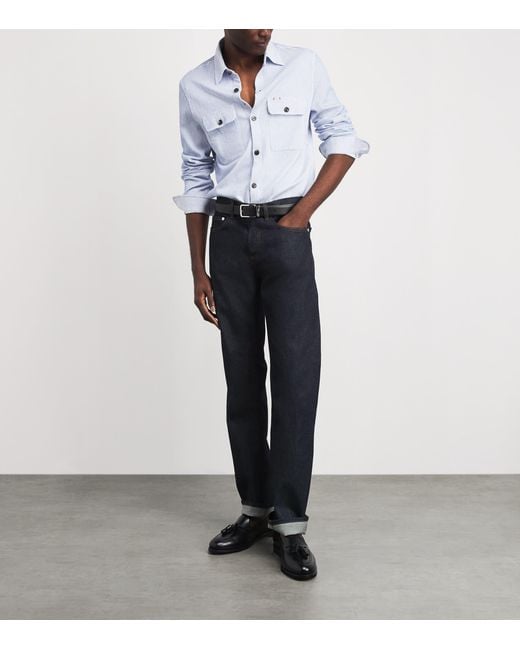 Isaia Blue Cotton-Linen Stripe Overshirt for men