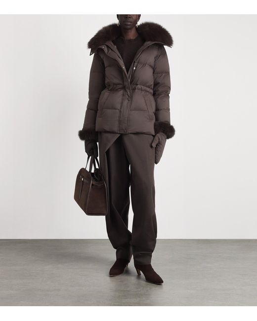 Yves Salomon Brown Down Fur-Trim Technical Puffer Jacket