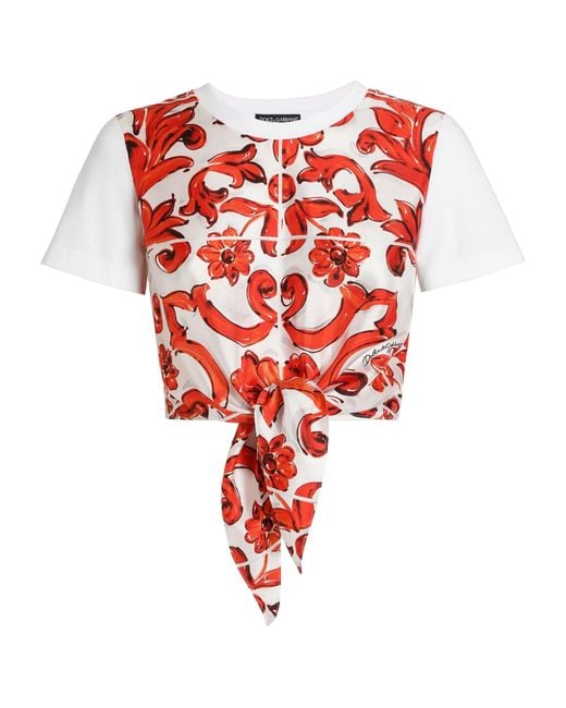Dolce & Gabbana Red Majolica Print Tie-Front T-Shirt