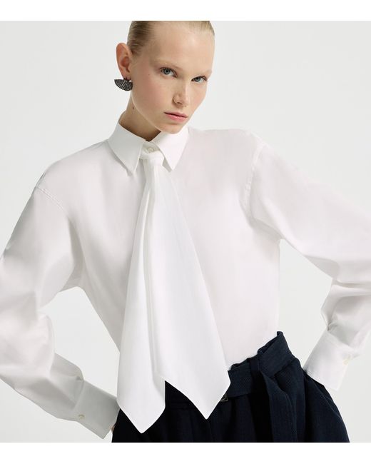 Brunello Cucinelli White Cotton-Blend Tie-Detail Shirt