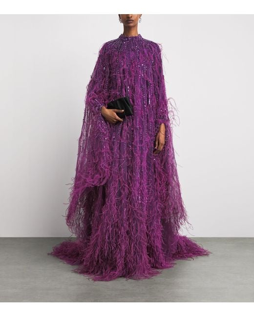 Pamella Roland Purple Tulle Embellished Feather-Trim Gown