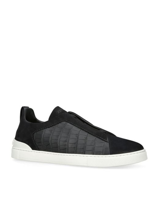 Zegna Black Crocodile Leather Triple Stitch Secondskin Sneakers for men