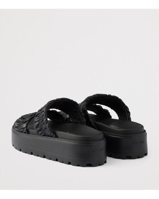 Prada Black Nappa Leather Flatform Slides 45