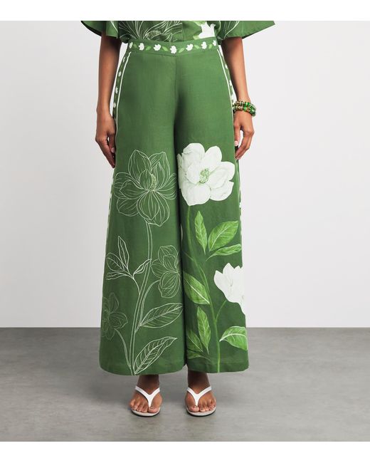 VERANDAH Green Floral Wide-Leg Trousers