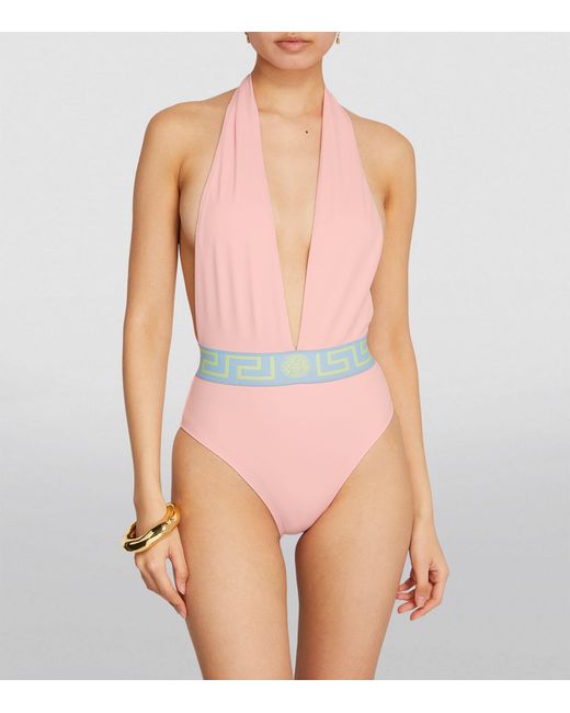 Versace Pink Greca Halterneck Swimsuit