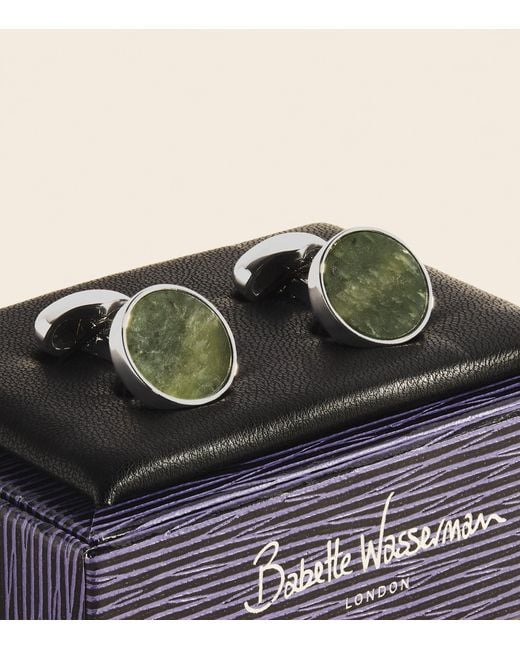 Babette Wasserman Natural Rhodium-Plated Jade Circle Cufflinks for men