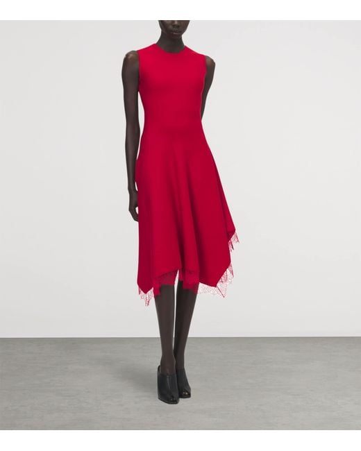 McQueen Red Lace-Hem Sleeveless Midi Dress