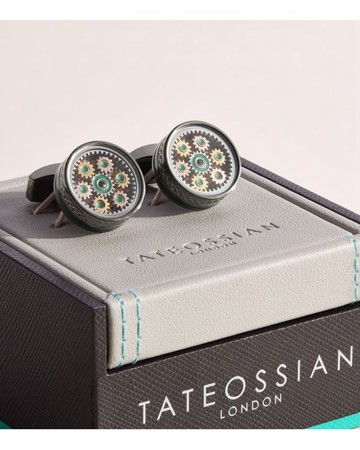 Tateossian Green Gunmetal Septa Gear Cufflinks for men