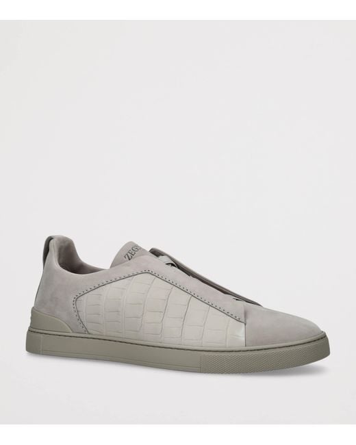 Zegna Gray Crocodile Leather Triple Stitch Secondskin Sneakers for men