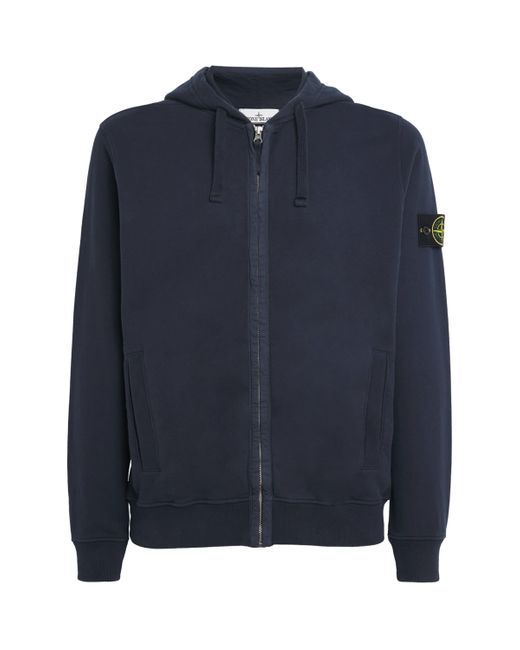 Stone Island Blue Cotton Compass Logo Zip-Up Hoodie for men