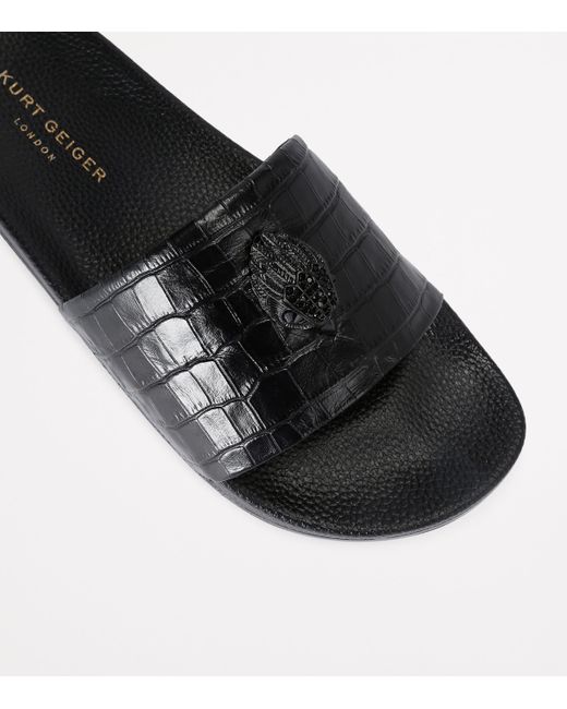Kurt Geiger Black Leather Croc-Embossed Eagle Slides for men