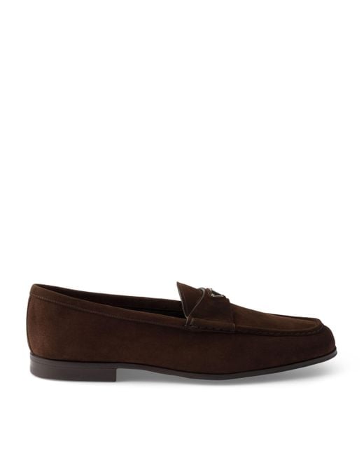 Prada Brown Suede Triangle Loafers for men
