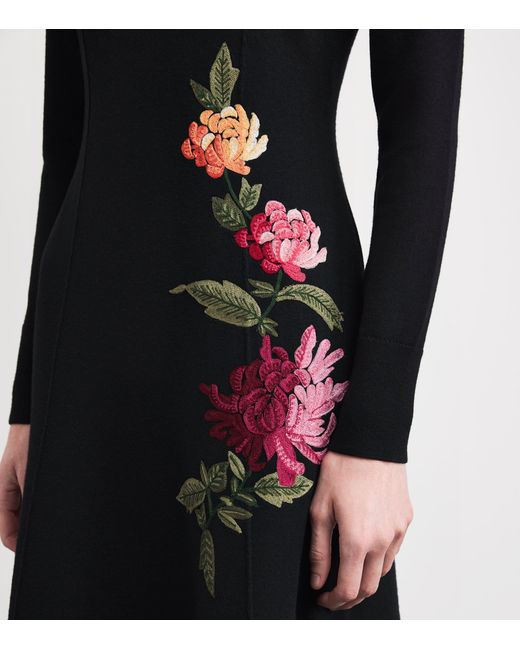 Carolina Herrera Black Virgin Wool-Silk Floral Embroidered Midi Dress