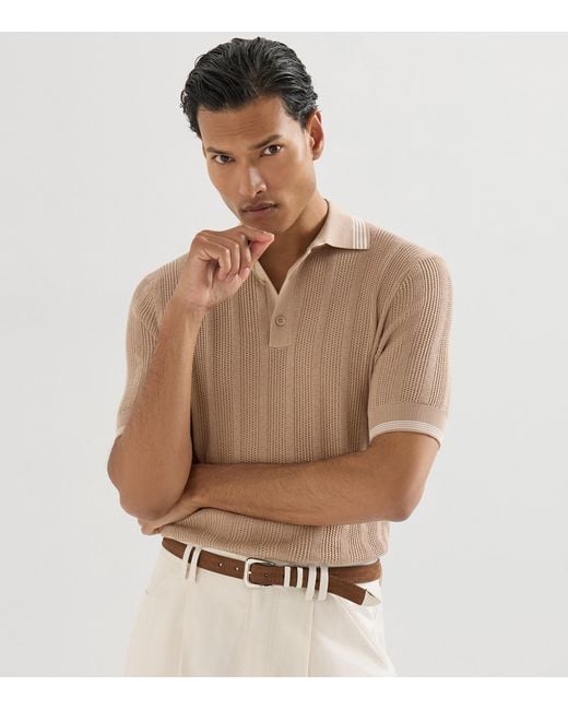 Brunello Cucinelli Natural Cotton Rib-Knit Polo Shirt for men