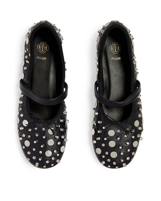 Maje Black Leather Studded Ballet Flats