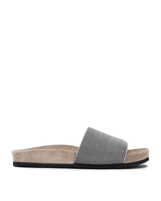 Brunello Cucinelli White Suede Embellished Slides