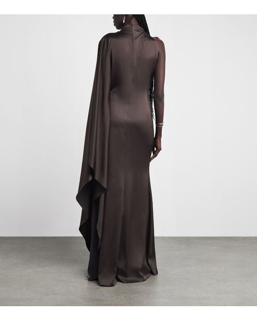 De La Vali Brown Satin One-Shoulder Odaluna Maxi Dress