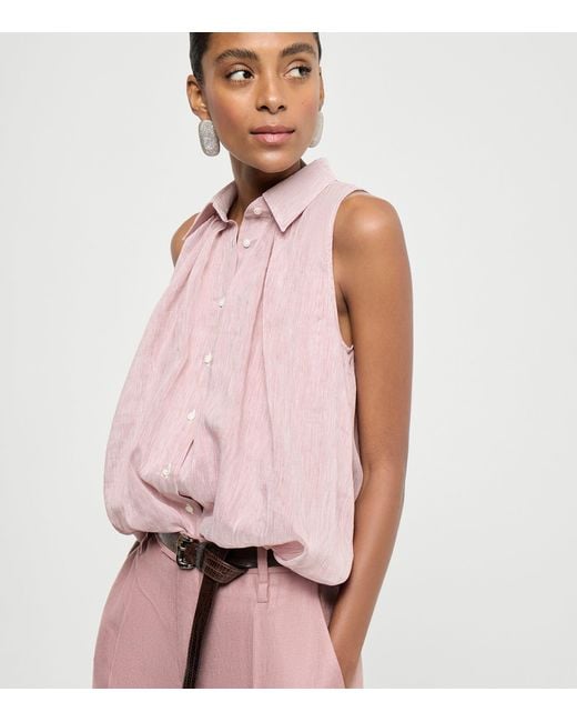 Brunello Cucinelli Pink Linen-Silk Stripe Sleeveless Shirt
