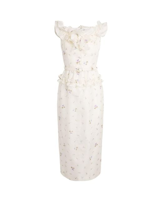Alessandra Rich White Off-The-Shoulder Floral Midi Dress