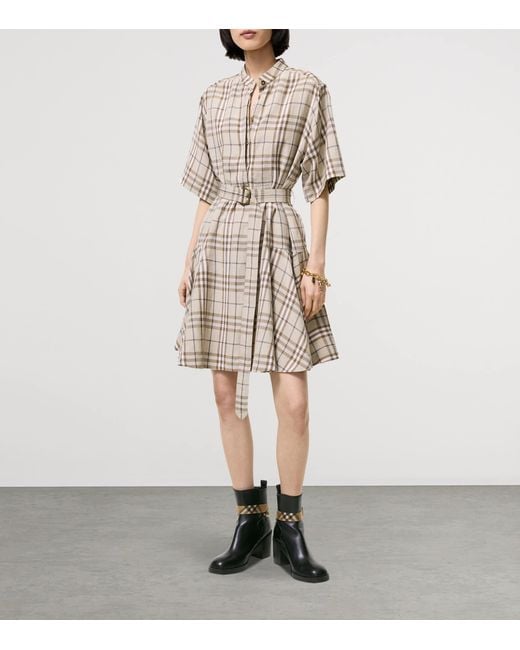 Burberry White Short-Sleeve Check Linen-Blend Belted Mini Shirtdress