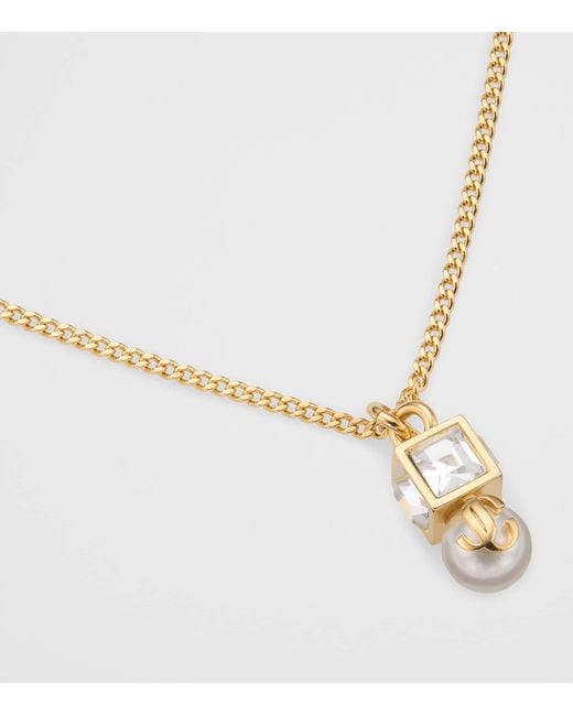 Jimmy Choo Metallic Faux Pearl Cube Logo Pendant Necklace