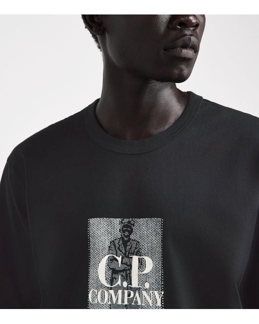 C P Company Black Cotton Embroidered Logo T-Shirt for men