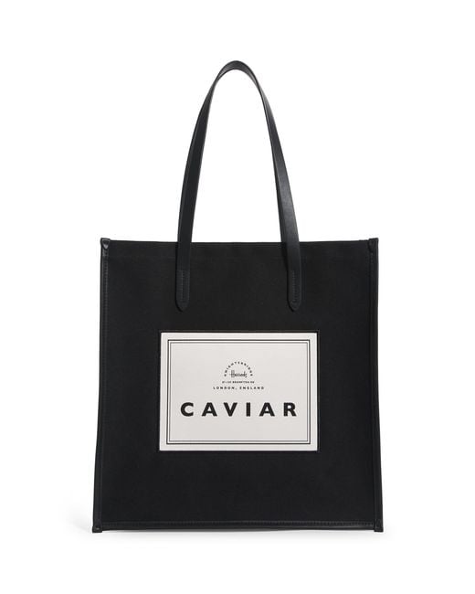 Harrods Black Cotton Caviar Condiments Shopper Bag