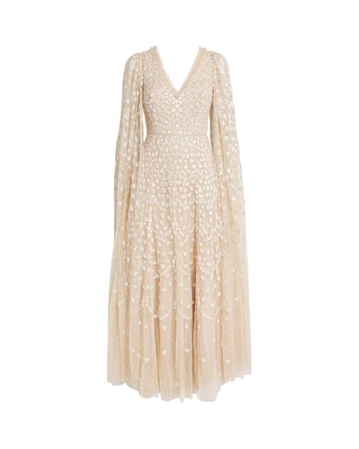 Needle & Thread Natural Cape-Detail Clover Maxi Dress