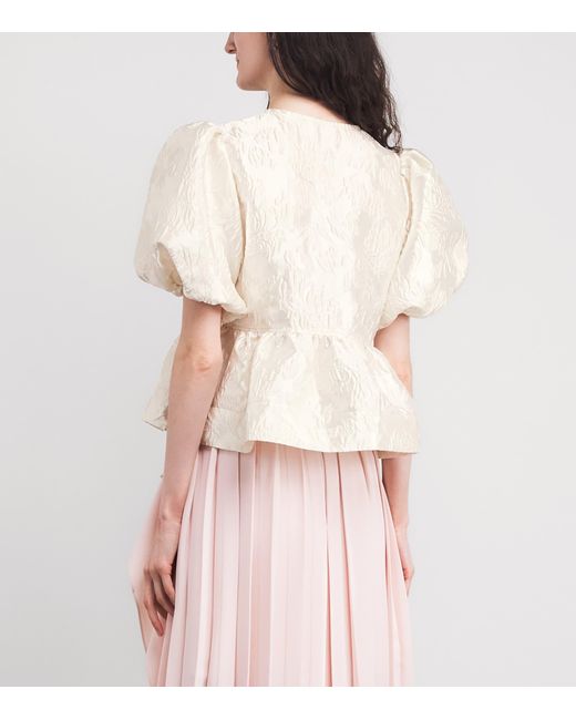 Ganni White Satin Jacquard Peplum Blouse