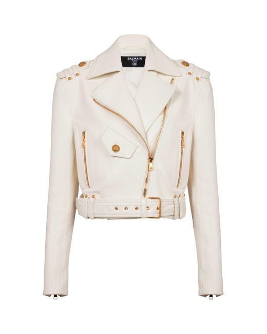 Balmain White Leather Belted Biker Jacket