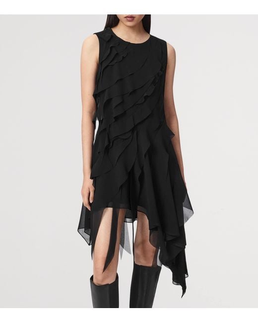 AllSaints Black Ruffled Asymmetric Angie Midi Dress