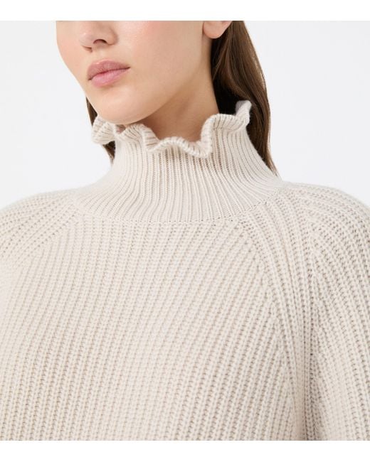 Max Mara White Wool-Cashmere Ruffle-Neck Sweater