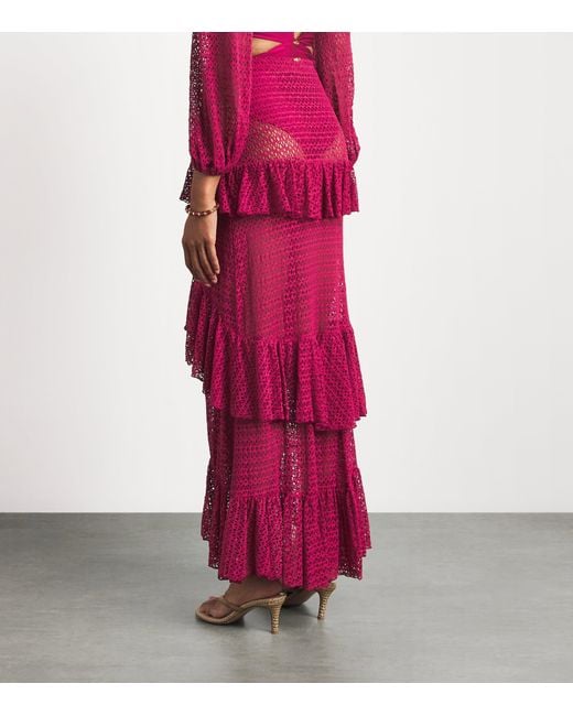 PATBO Pink Crochet Ruffle Maxi Skirt