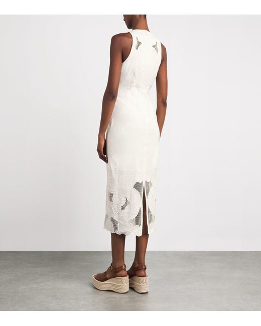 Veronica Beard White Linen-Blend Eyelet Upten Midi Dress