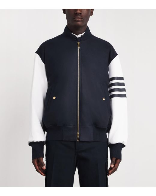 Thom Browne Blue Wool-Leather 4-Bar Oversized Bomber Jacket for men