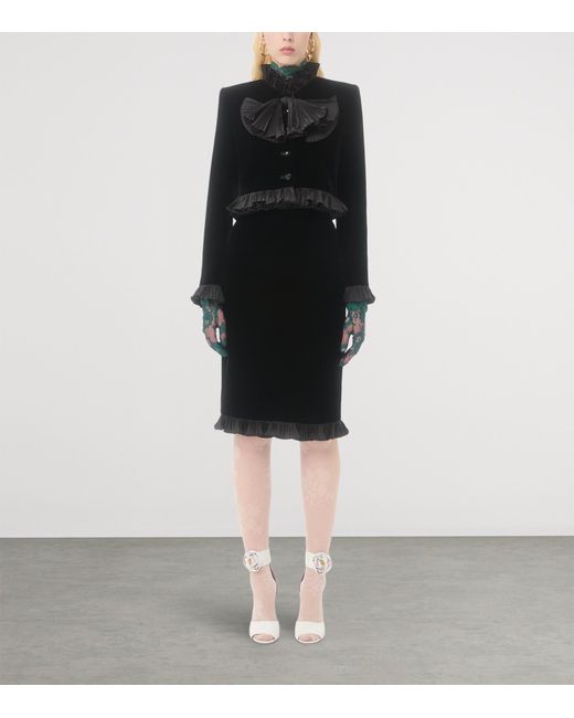 Valentino Black Velvet Ruffled Pencil Skirt