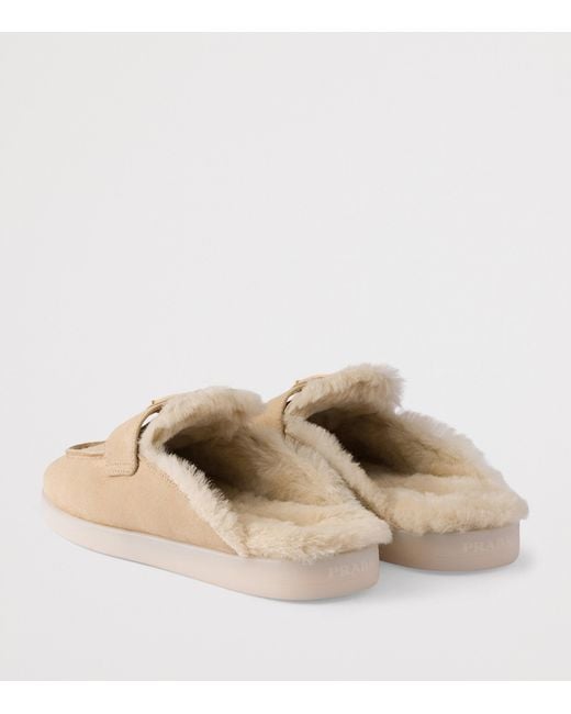 Prada Natural Suede Shearling-Lined Mules