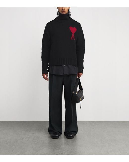 AMI Black Virgin Wool Logo Rollneck Sweater for men