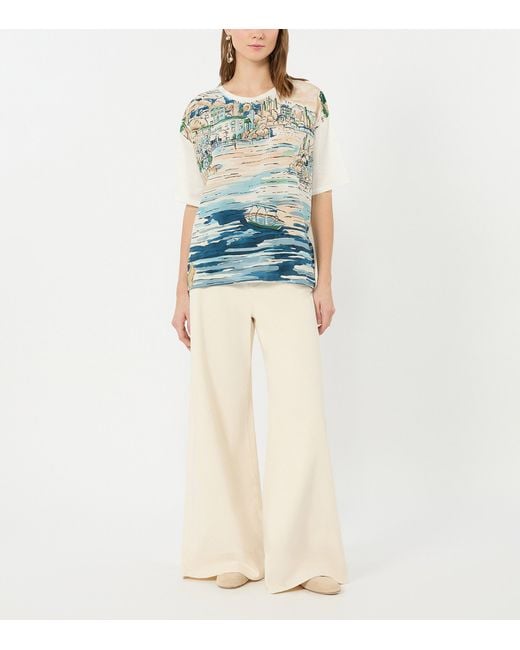 Weekend by Maxmara Blue Stretch-Cotton Silk-Trim Printed T-Shirt