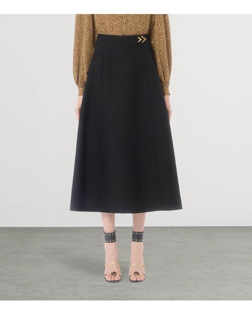 Valentino Black Wool-Silk Crepe Midi Skirt