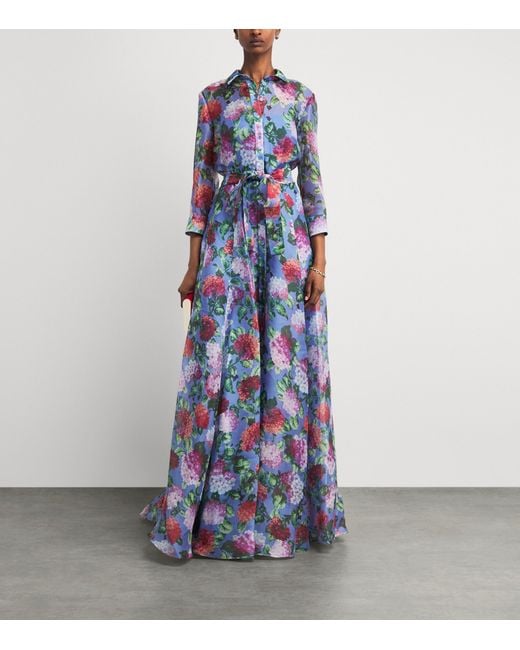 Carolina Herrera Blue Silk Floral Maxi Shirt Dress