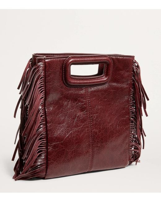 Maje Red Cracked Leather Fringed M Bag