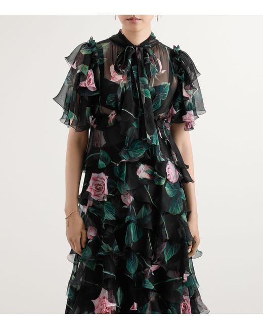 Dolce & Gabbana Black Rose- Chiffon Calf-Length Dress With Ruffles And Flounces