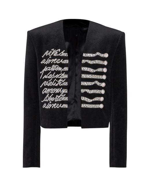 Balmain Black Cropped Velvet Jacket With "Love Letter" Embroidery for men